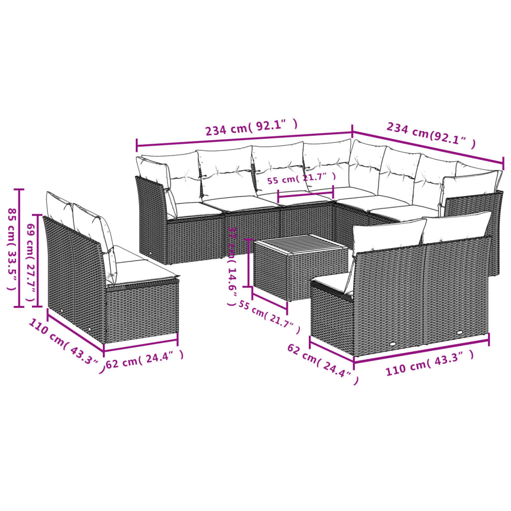 12-dijelni set vrtnih sofa od poliratana s jastucima crni