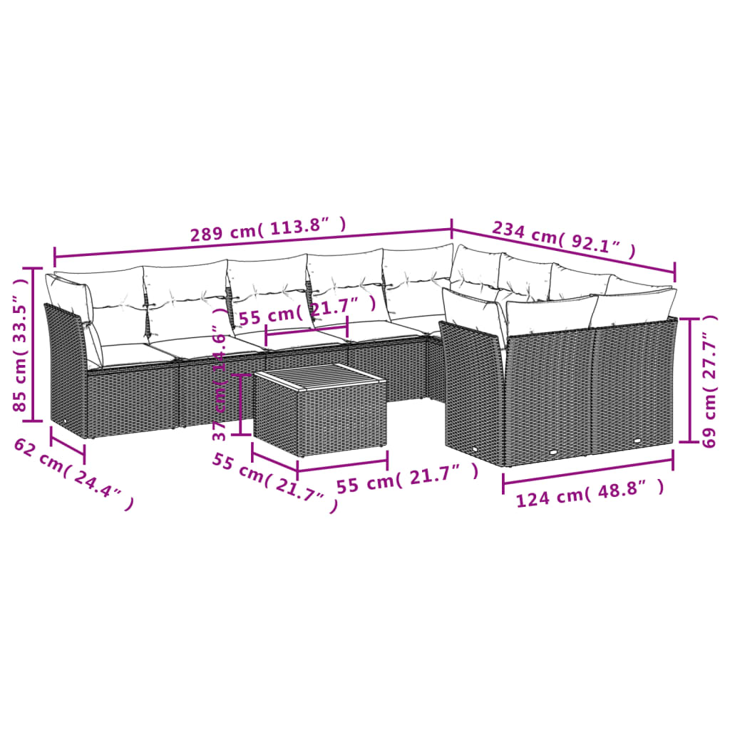 10-dijelni set vrtnih sofa s jastucima bež od poliratana