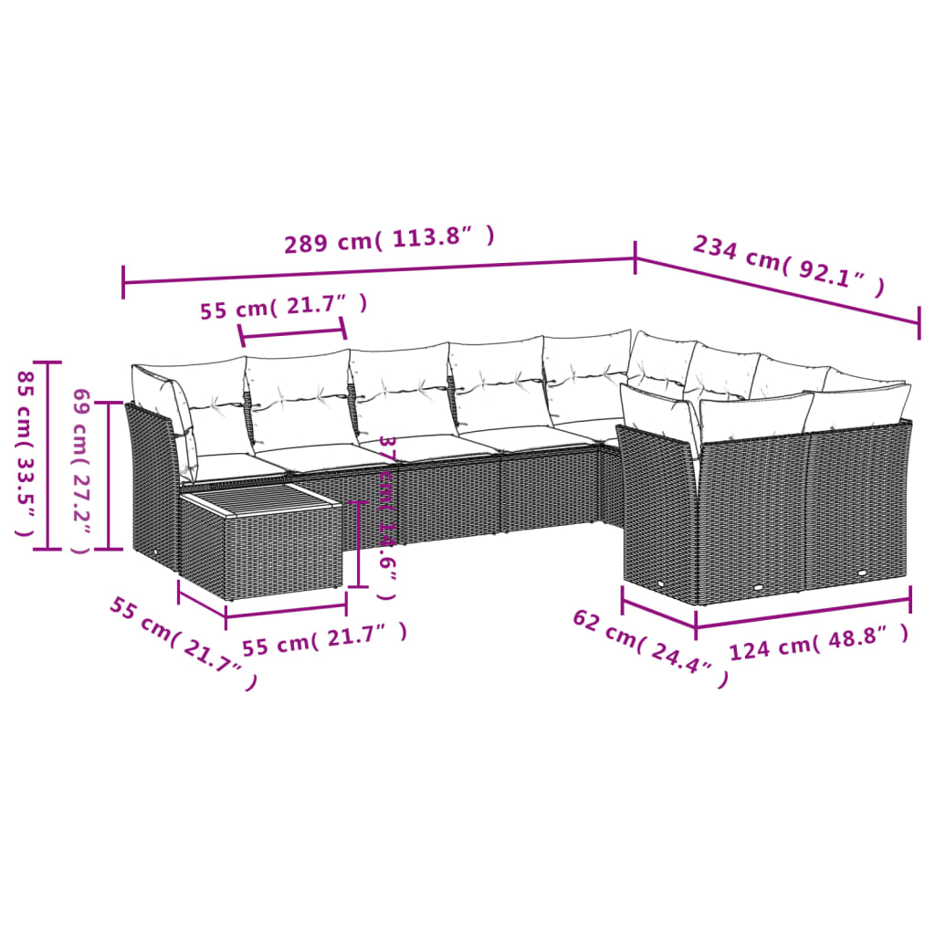 10-dijelni set vrtnih sofa s jastucima crni od poliratana