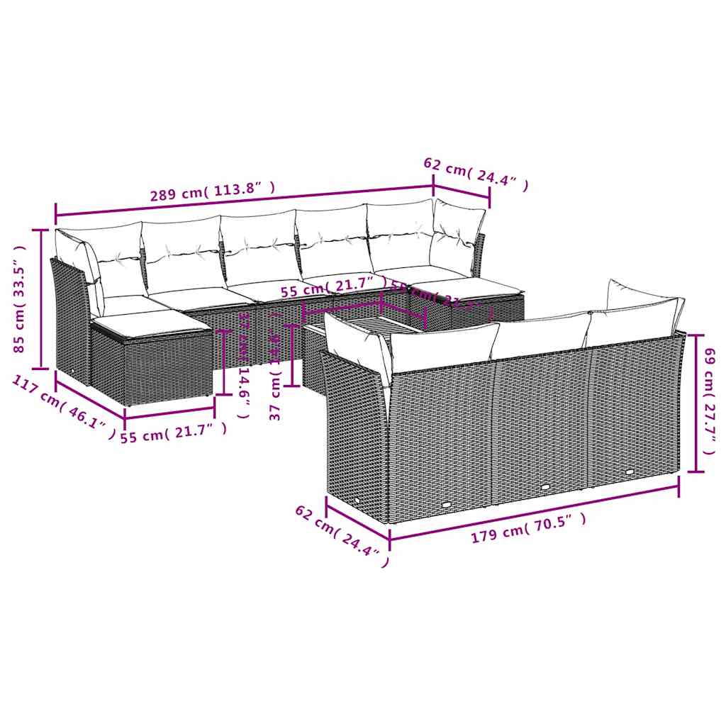 11-dijelni set vrtnih sofa od poliratana s jastucima crni