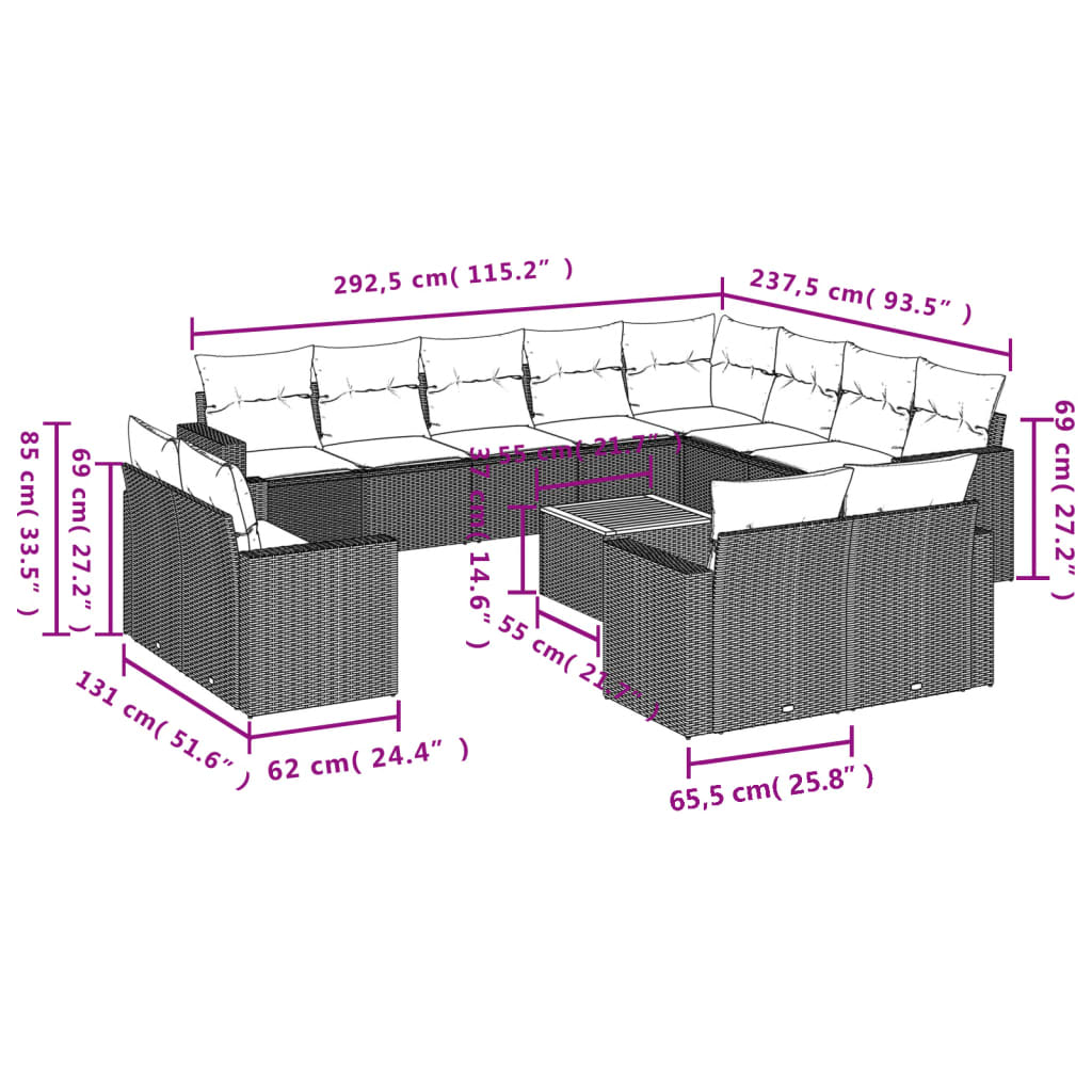 13-dijelni set vrtnih sofa s jastucima poliratan crni