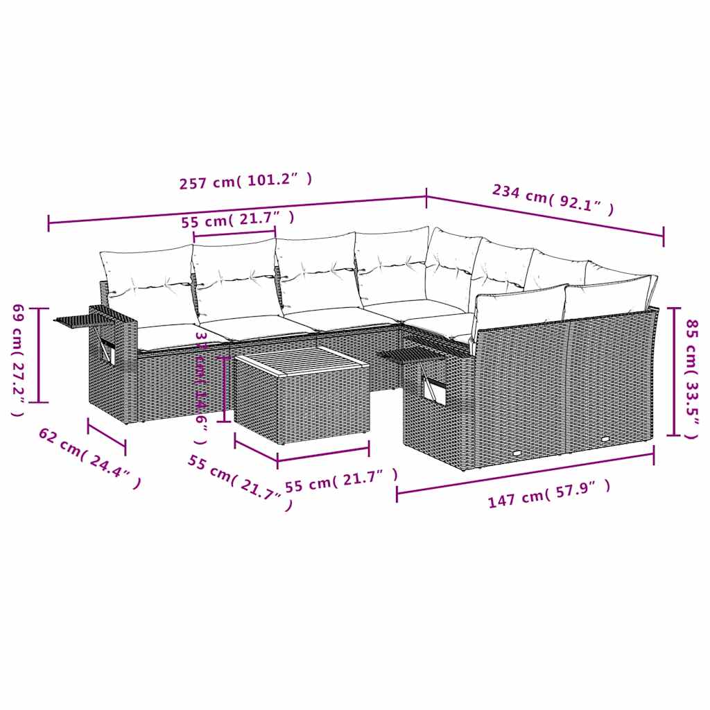 Vrtni set od 9 dijelova s jastucima, crni poliratan