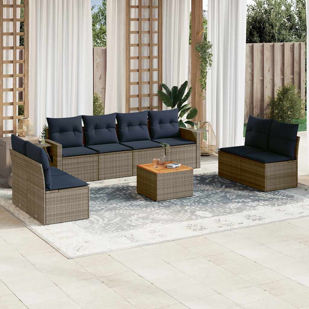 Vrtni set od 9 dijelova s jastucima, sivi poliratan