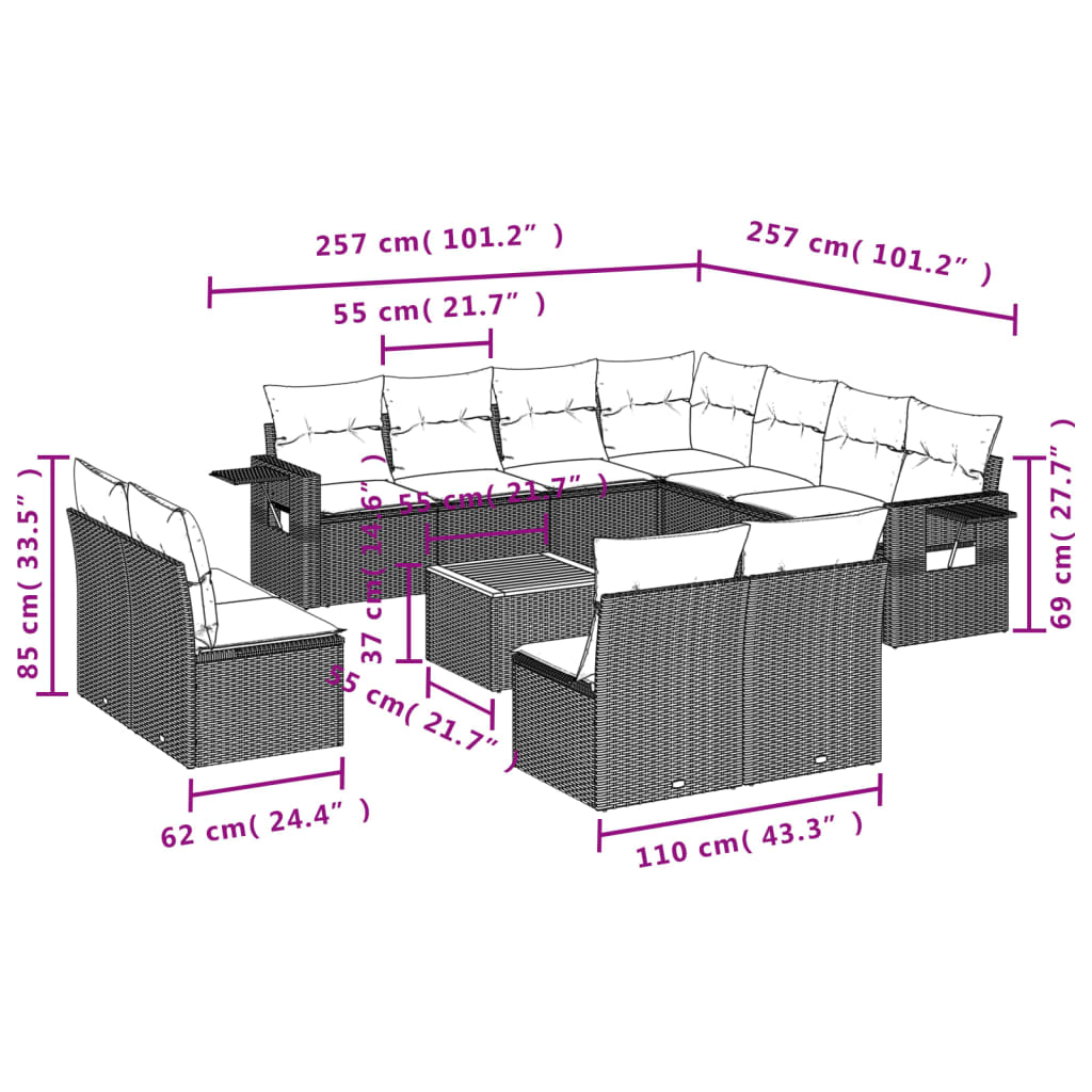 12-dijelni set vrtnih sofa od poliratana s jastucima crni