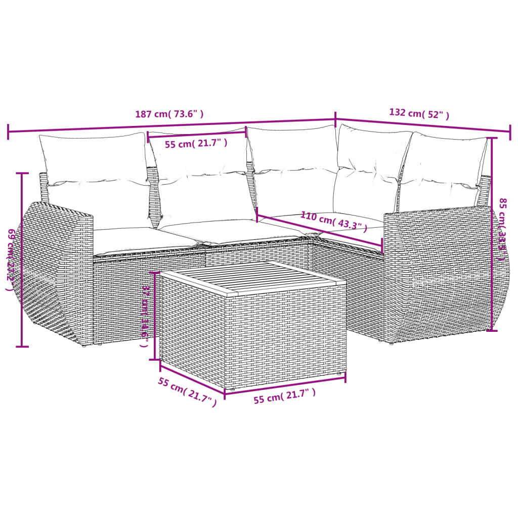 5-dijelni vrtni set sofa s jastucima bež od poliratana