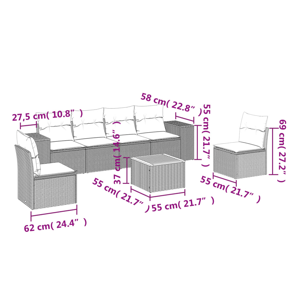 7-dijelni set vrtnih sofa od poliratana s jastucima crni