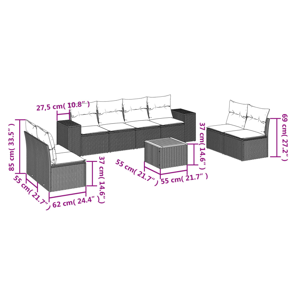 9-dijelni set vrtnih sofa s jastucima crni od poliratana