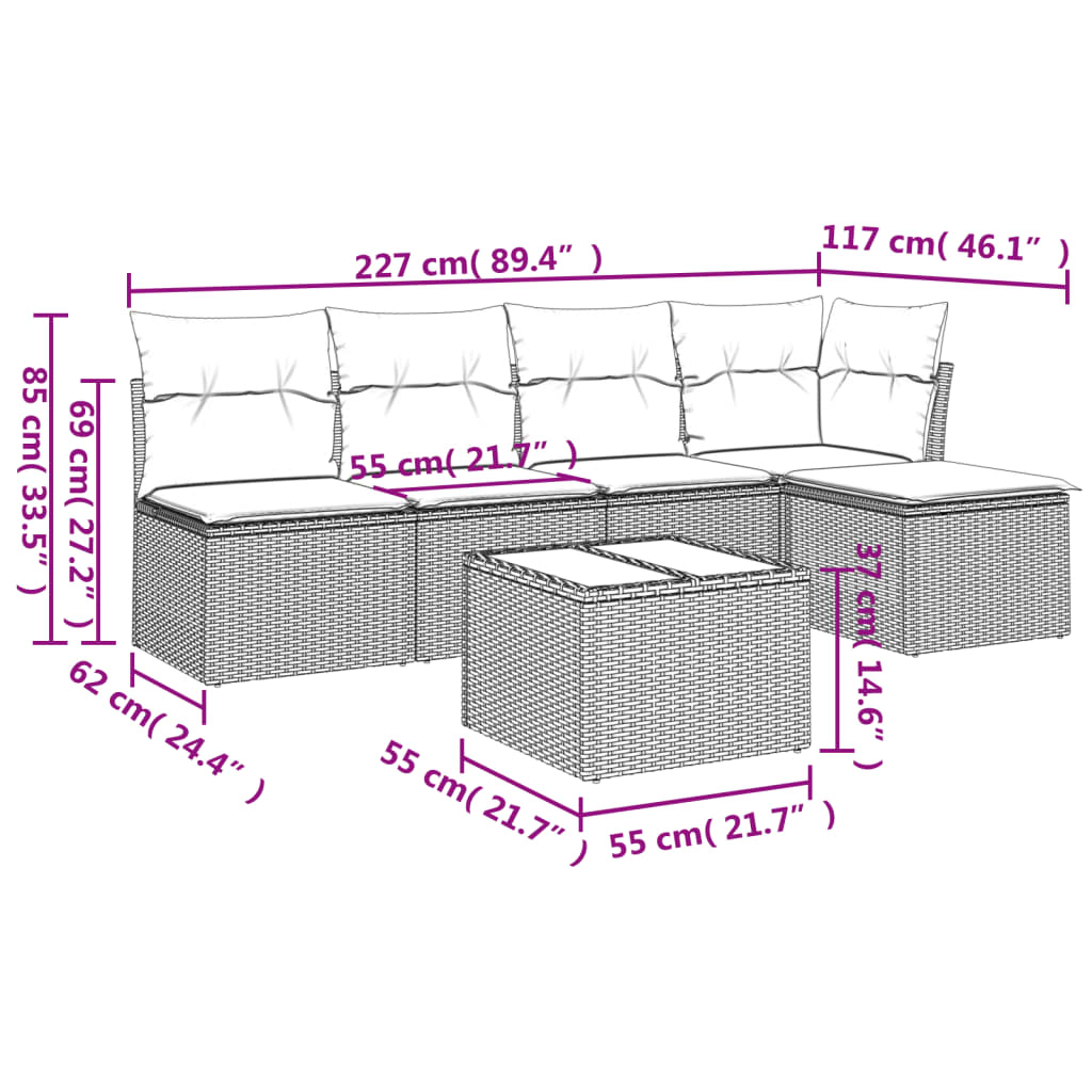 6-dijelni set vrtnih sofa s jastucima crni od poliratana