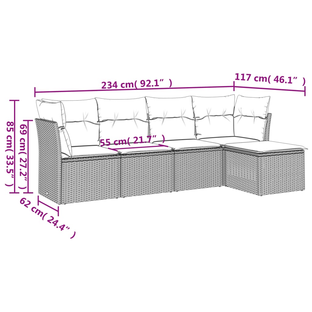 5-dijelni vrtni set sofa s jastucima bež od poliratana