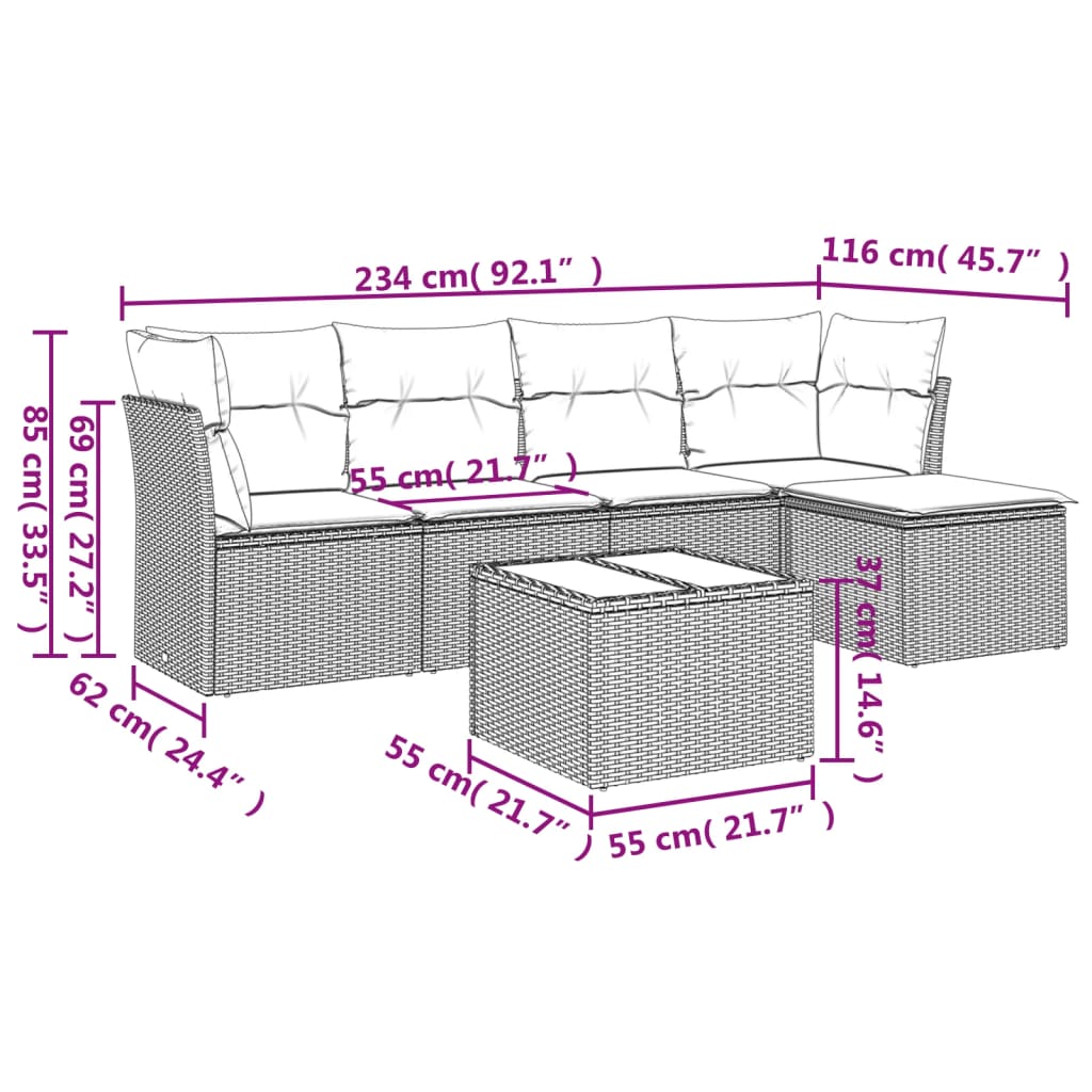 6-dijelni set vrtnih sofa od poliratana s jastucima sivi