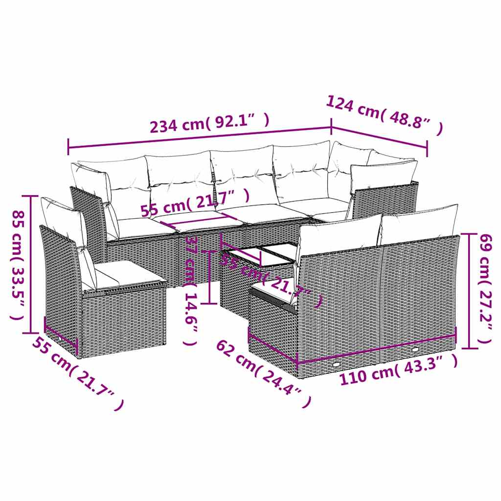 9-dijelni set vrtnih sofa s jastucima crni od poliratana