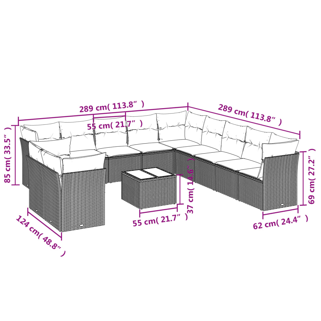 12-dijelni set vrtnih sofa od poliratana s jastucima crni