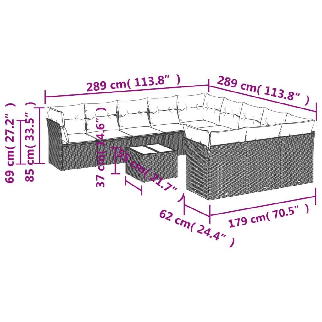 12-dijelni set vrtnih sofa poliratan s jastucima svijetlosivi