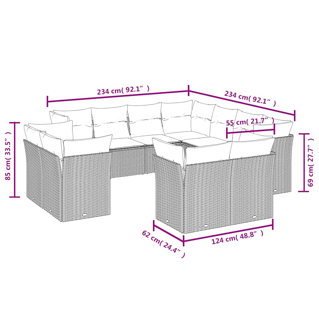 11-dijelni set vrtnih sofa od poliratana s jastucima crni