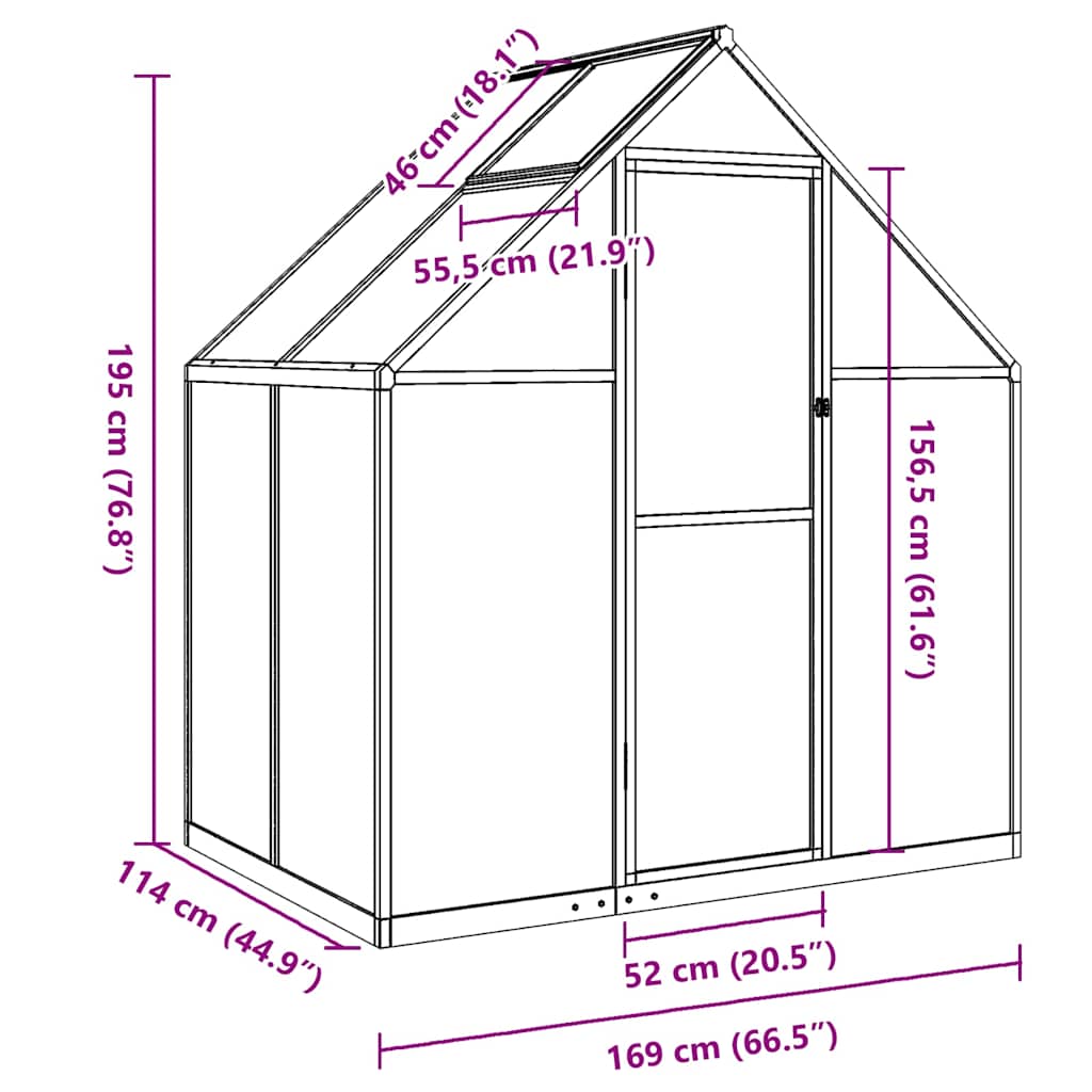 Staklenik s okvirom srebrni 169 x 114 x 195 cm aluminijski