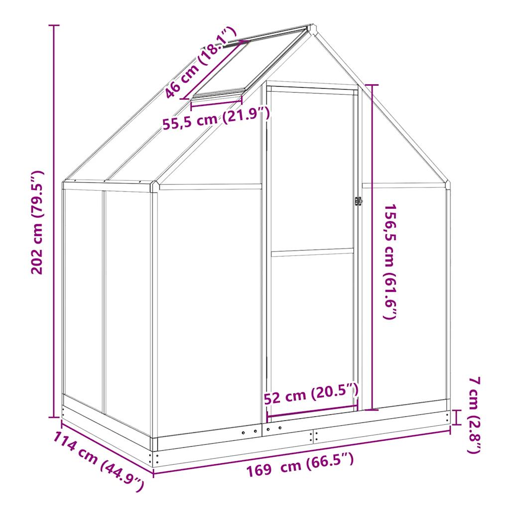 Staklenik s okvirom srebrni 169 x 114 x 202 cm aluminijski