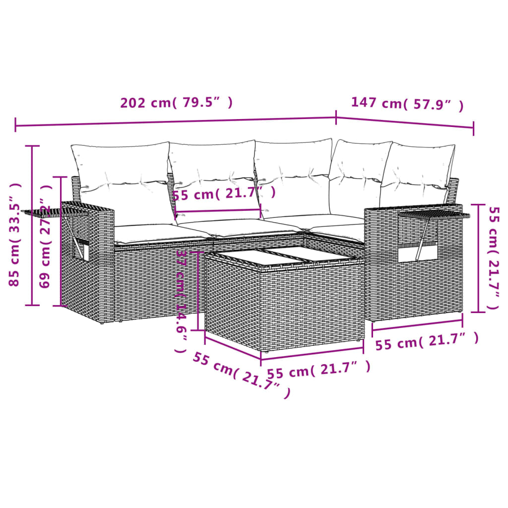 5-dijelni vrtni set sofa s jastucima bež od poliratana