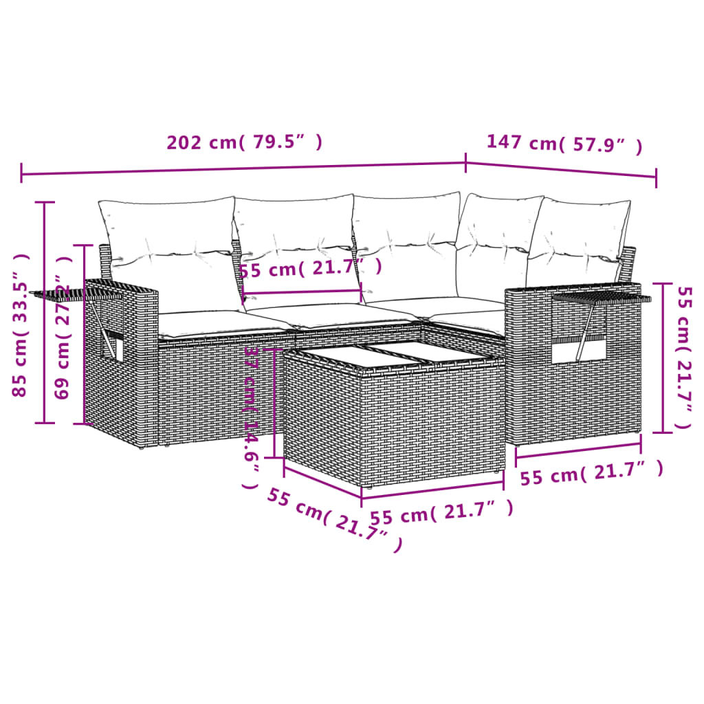 5-dijelni vrtni set sofa s jastucima bež od poliratana