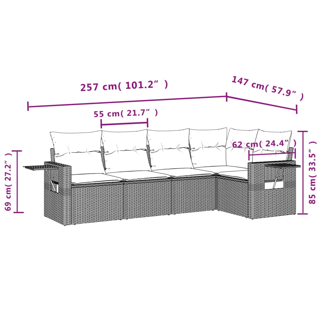 5-dijelni vrtni set sofa s jastucima bež od poliratana