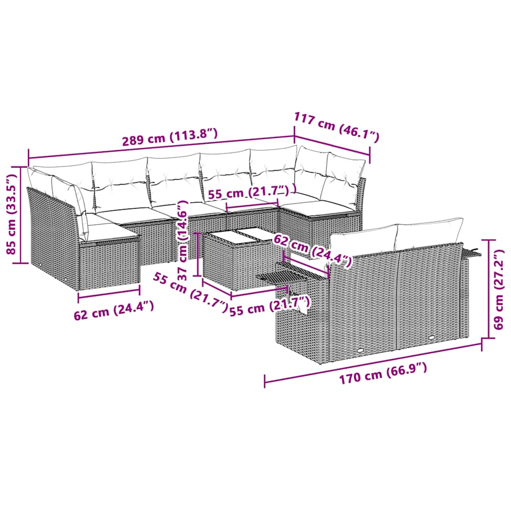 10-dijelni set vrtnih sofa poliratan s jastucima svijetlosivi