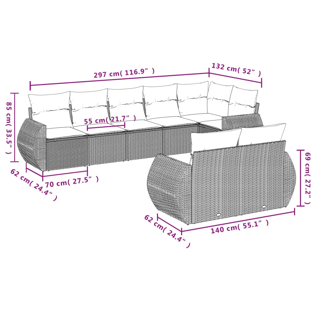 8-dijelni set vrtnih sofa od poliratana s jastucima crni Crna 71 x 62 x 69 cm