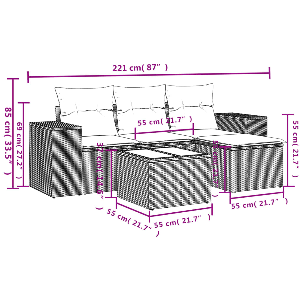 5-dijelni vrtni set sofa s jastucima bež od poliratana