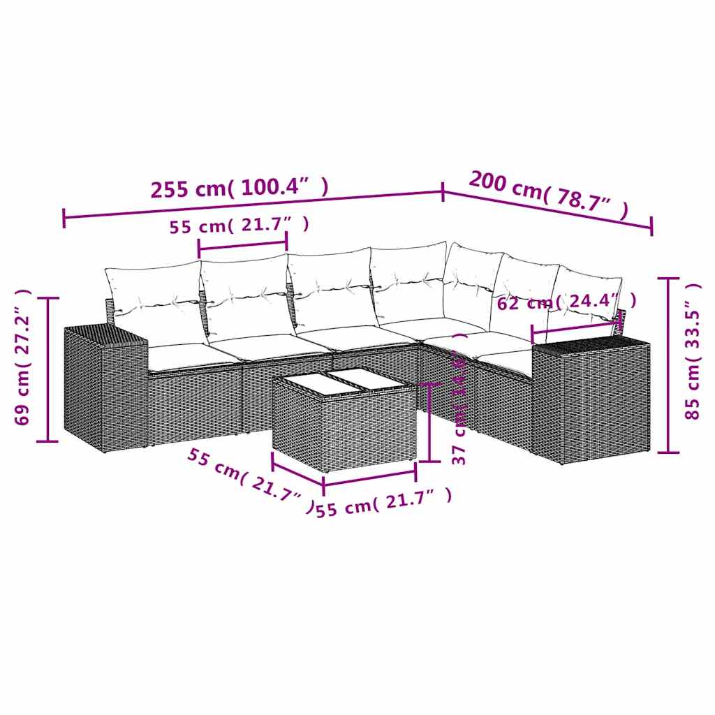 7-dijelni set vrtnih sofa od poliratana s jastucima crni