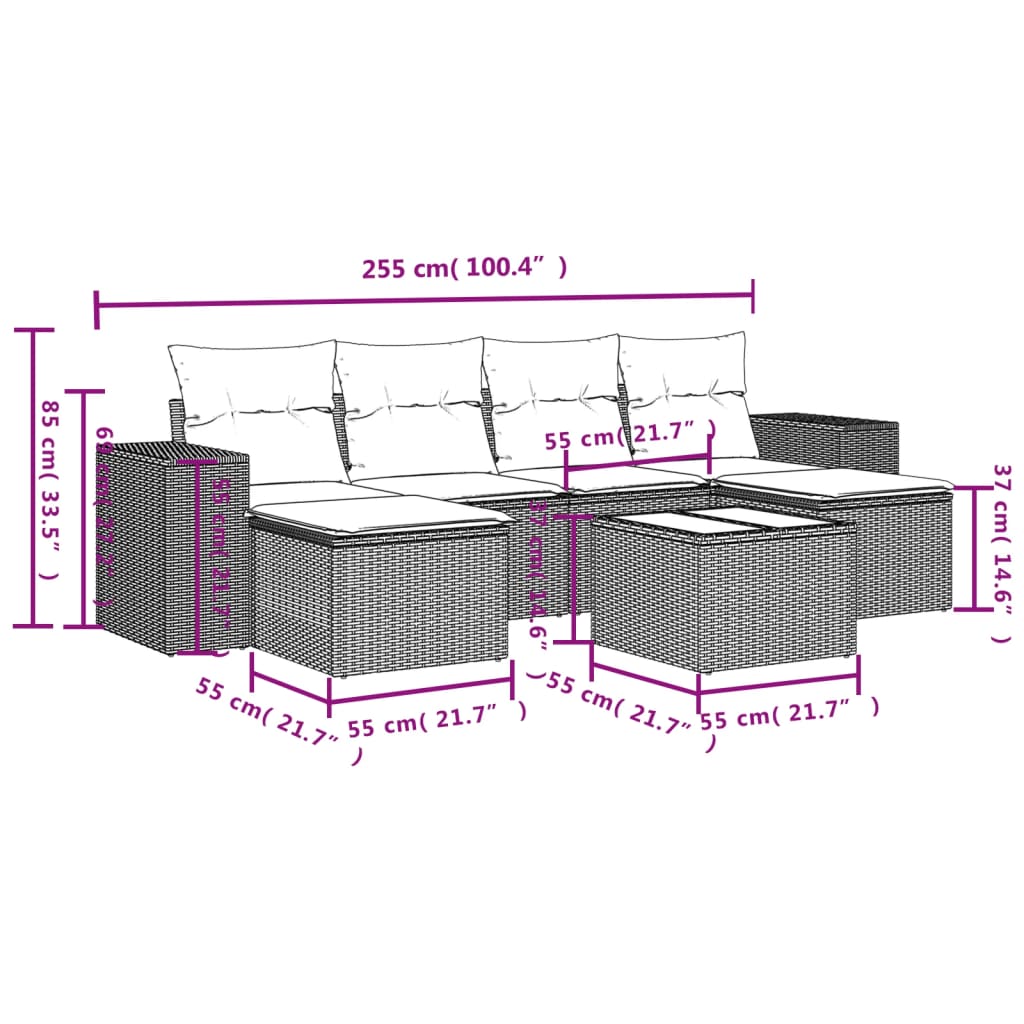 Vrtni set od 7 dijelova s jastucima, smeđi poliratan