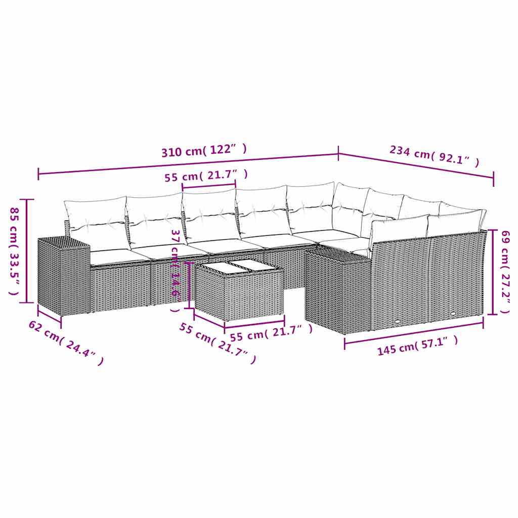 10-dijelni set vrtnih sofa poliratan s jastucima svijetlosivi