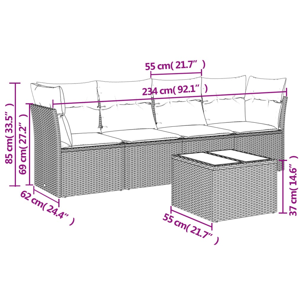 5-dijelni vrtni set sofa s jastucima bež od poliratana