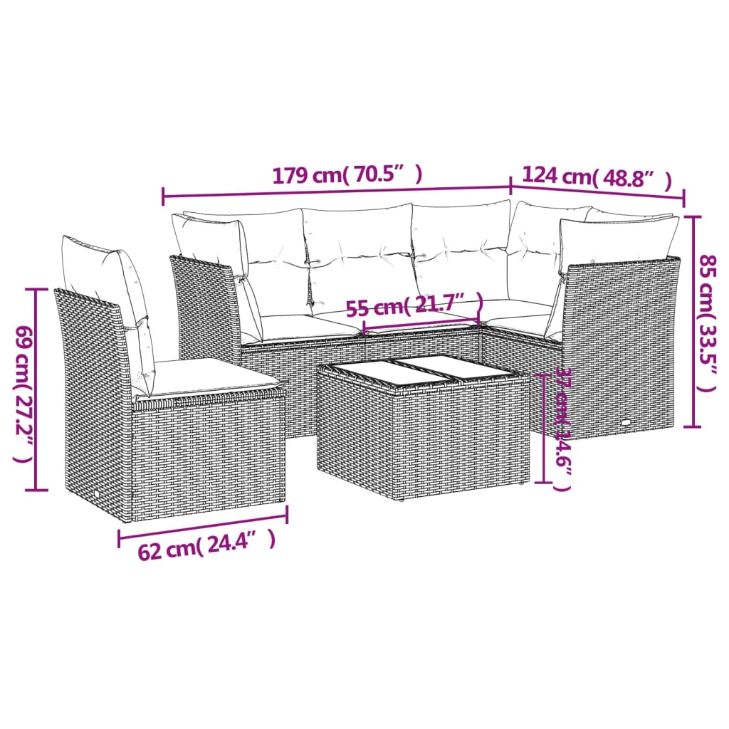 6-dijelni set vrtnih sofa s jastucima crni od poliratana