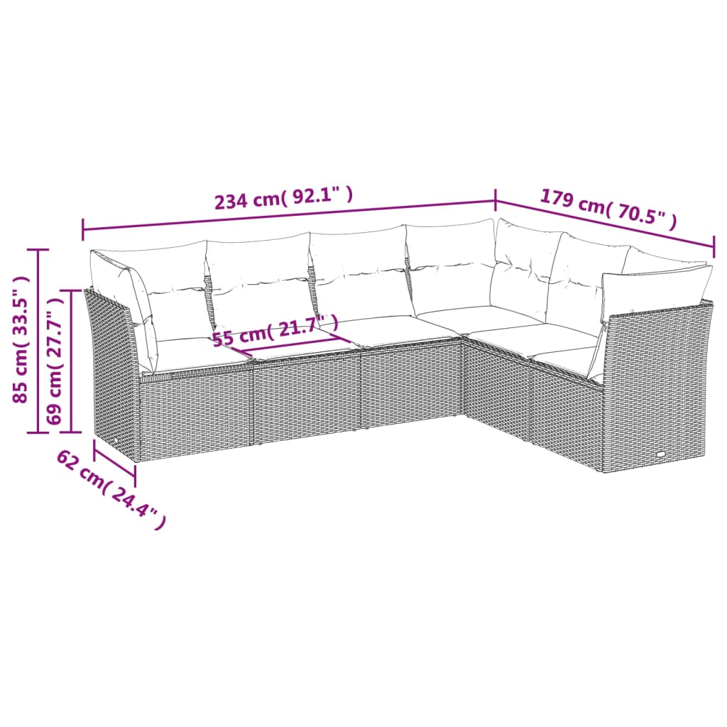 6-dijelni set vrtnih sofa od poliratana s jastucima sivi