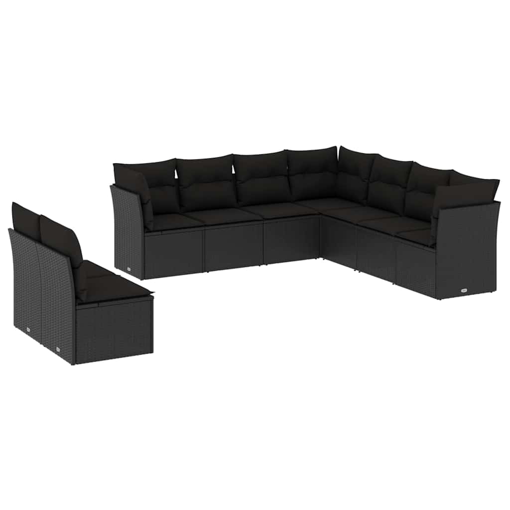 9-dijelni set vrtnih sofa s jastucima crni od poliratana