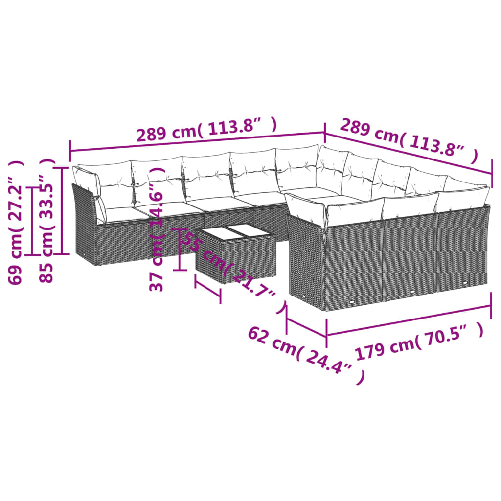 12-dijelni set vrtnih sofa poliratan s jastucima svijetlosivi
