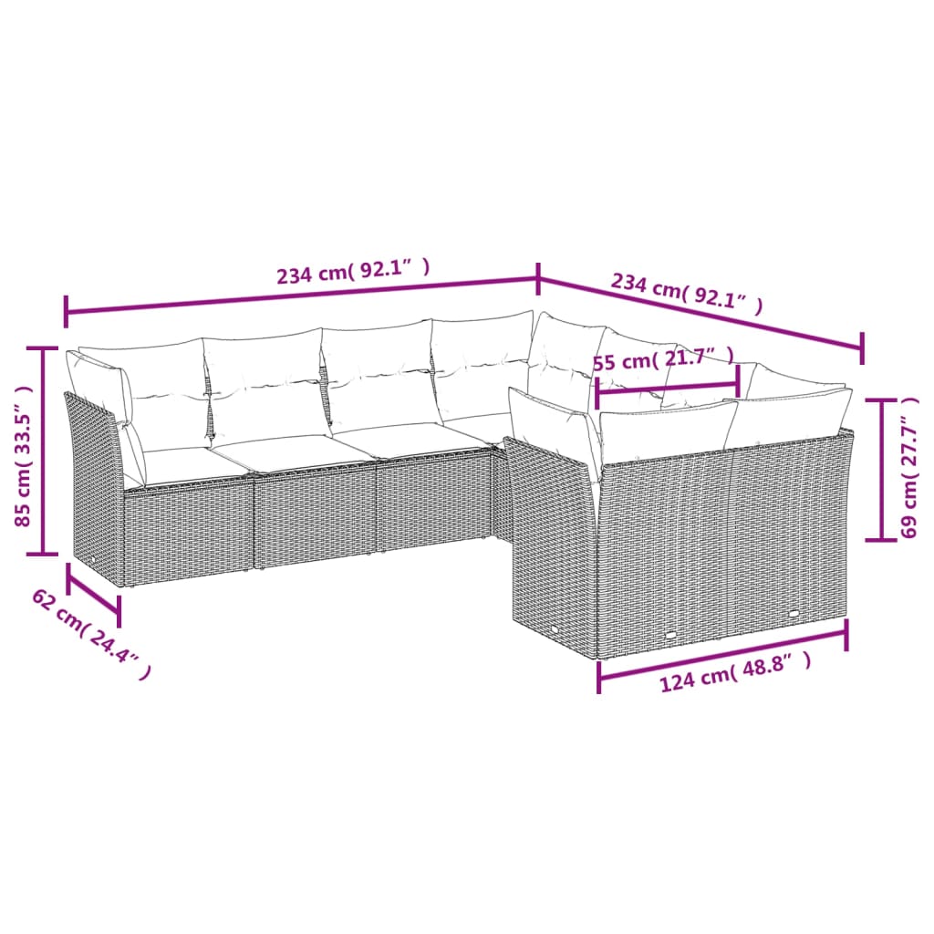 8-dijelni set vrtnih sofa od poliratana s jastucima crni Crna 62 x 62 x 69 cm