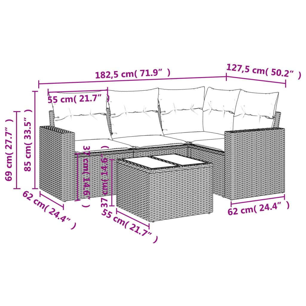 5-dijelni vrtni set sofa s jastucima bež od poliratana
