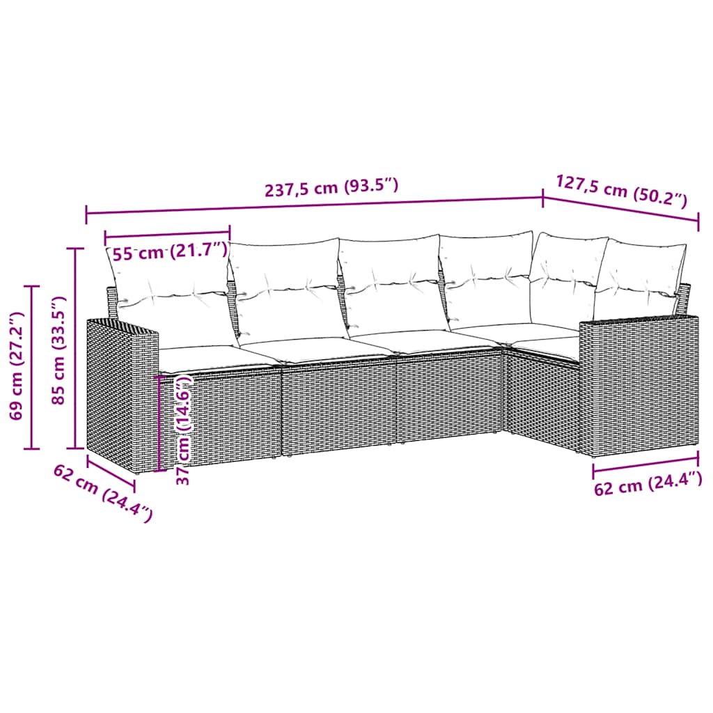 5-dijelni set vrtnih sofa s jastucima poliratan smeđi