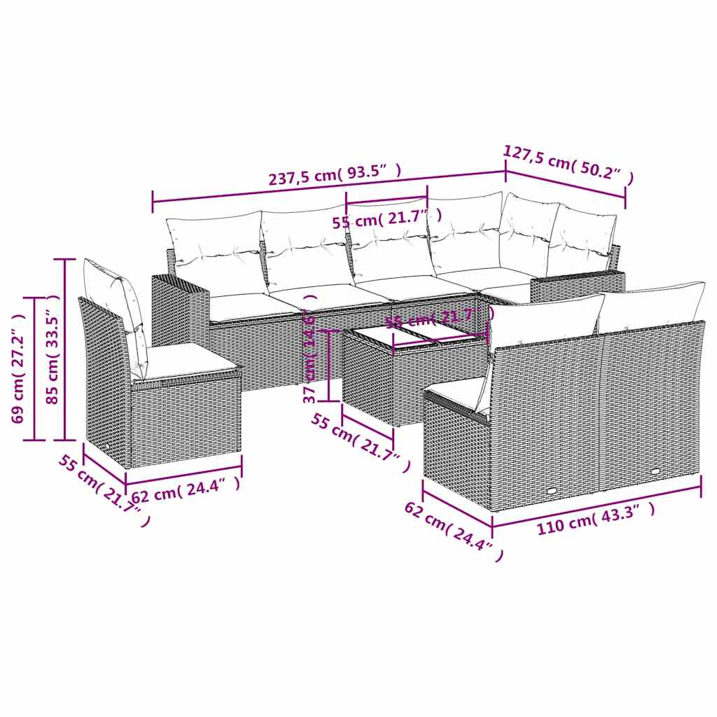 9-dijelni set vrtnih sofa s jastucima crni od poliratana