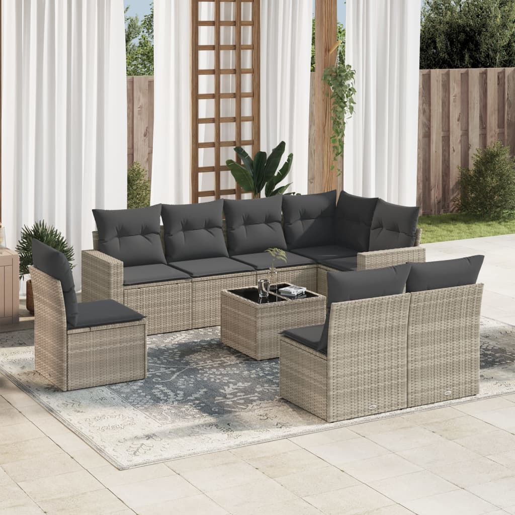 9-dijelni set vrtnih sofa od poliratana s jastucima svjetlosivi