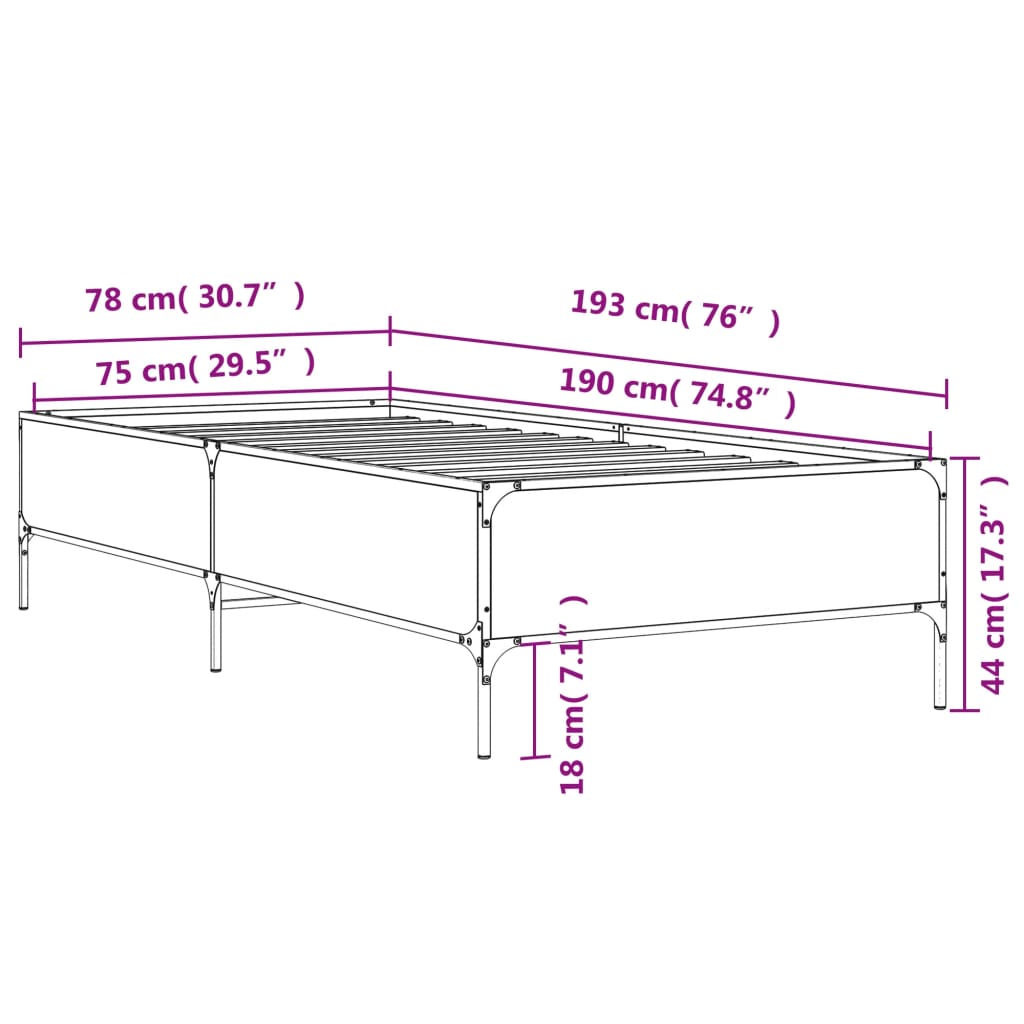 Okvir za krevet crni 75 x 190 cm od konstruirano drvo i metal