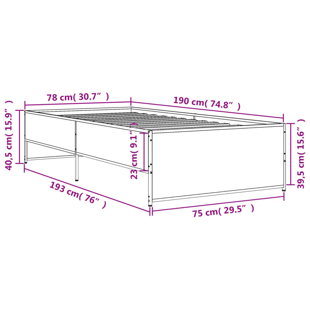 Okvir za krevet crni 75 x 190 cm od konstruirano drvo i metal