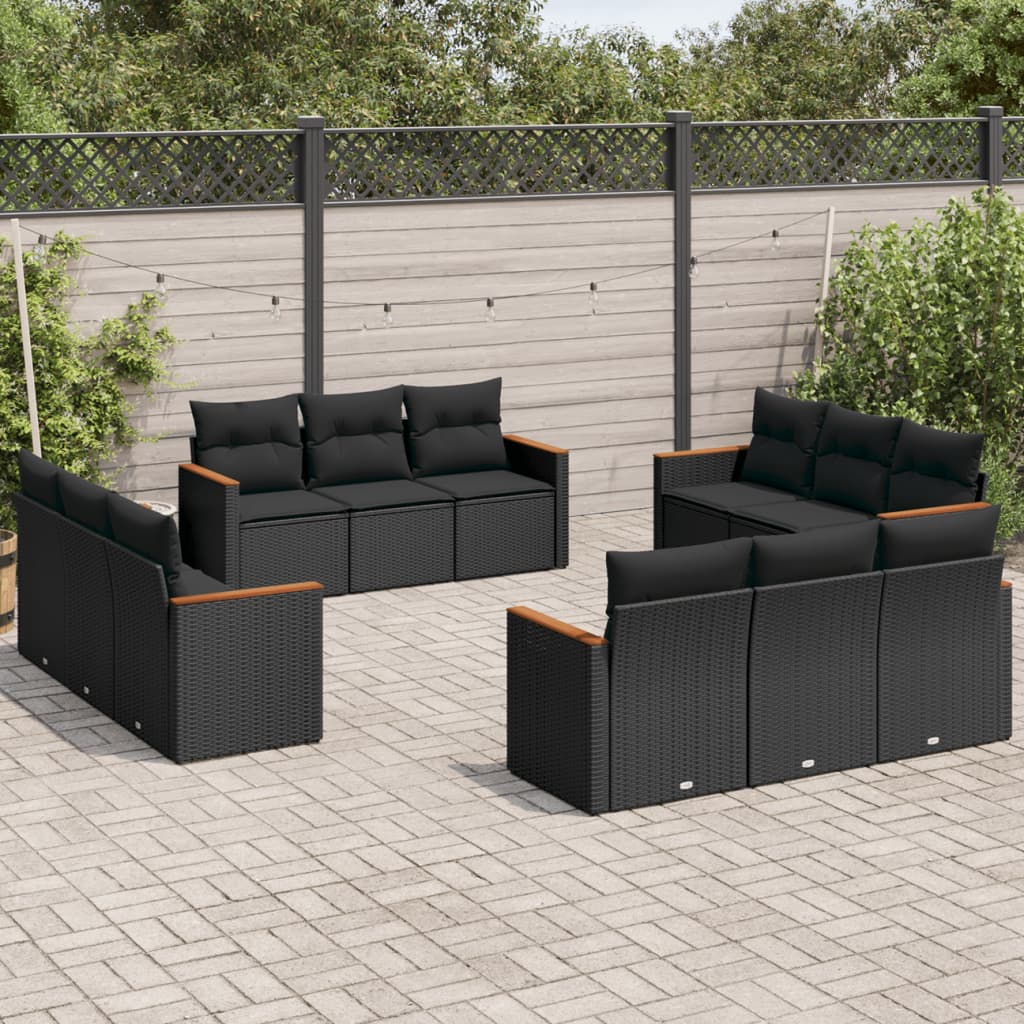 12-dijelni set vrtnih sofa od poliratana s jastucima crni
