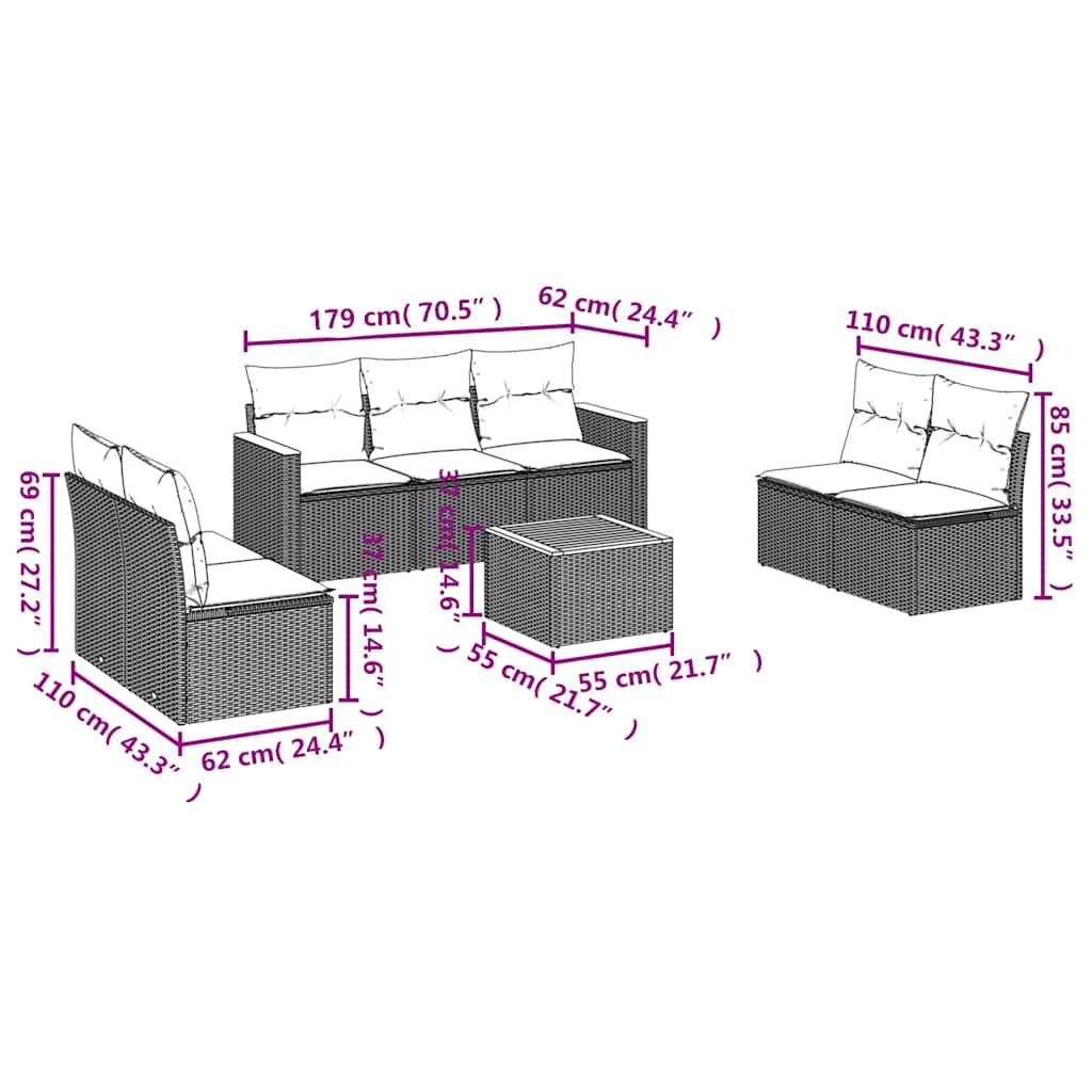 8-dijelni set vrtnih sofa od poliratana s jastucima crni Crna 61 x 62 x 69 cm