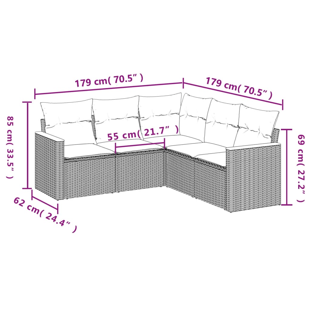 5-dijelni vrtni set sofa s jastucima bež od poliratana