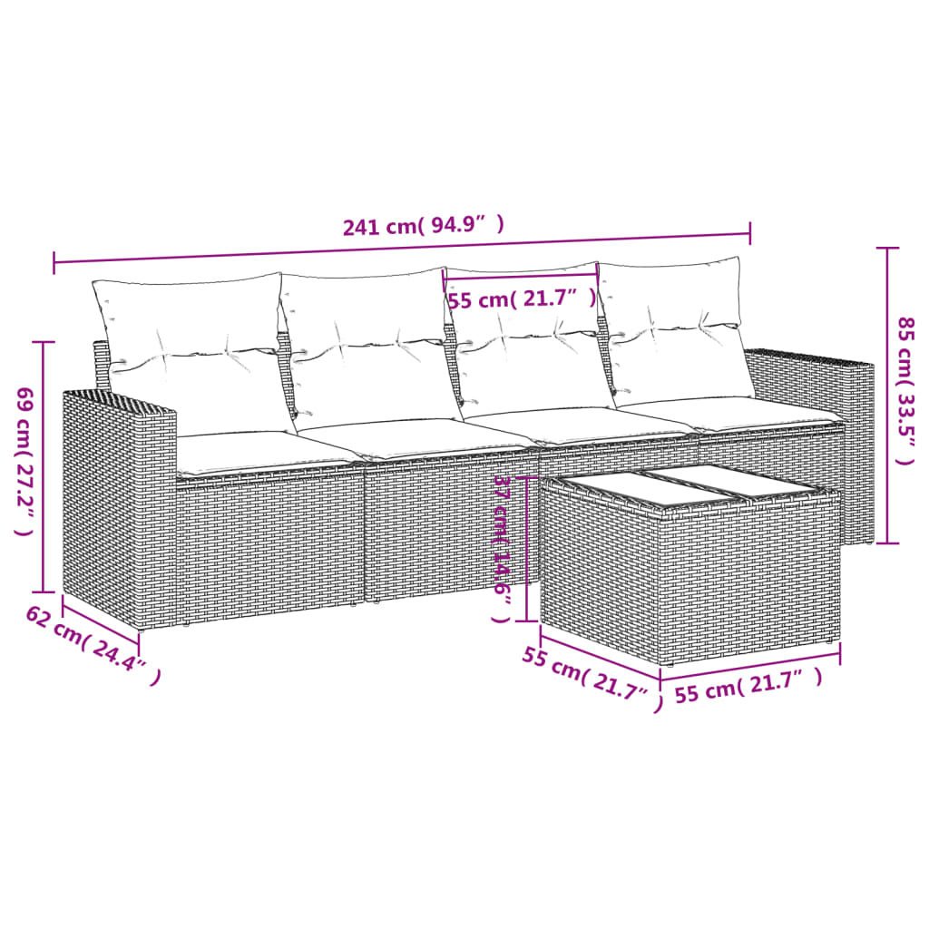 5-dijelni vrtni set sofa s jastucima bež od poliratana