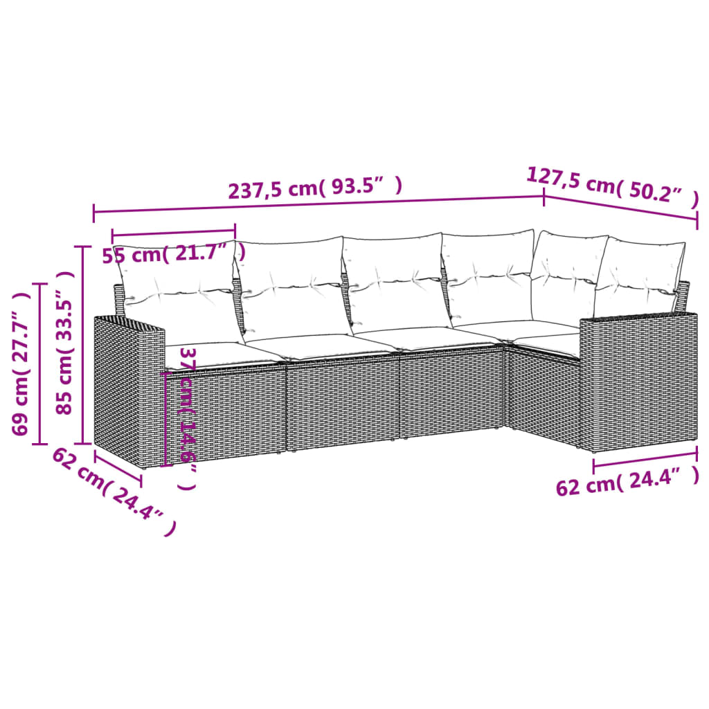 5-dijelni vrtni set sofa s jastucima bež od poliratana