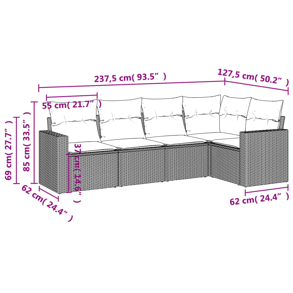 5-dijelni vrtni set sofa s jastucima bež od poliratana