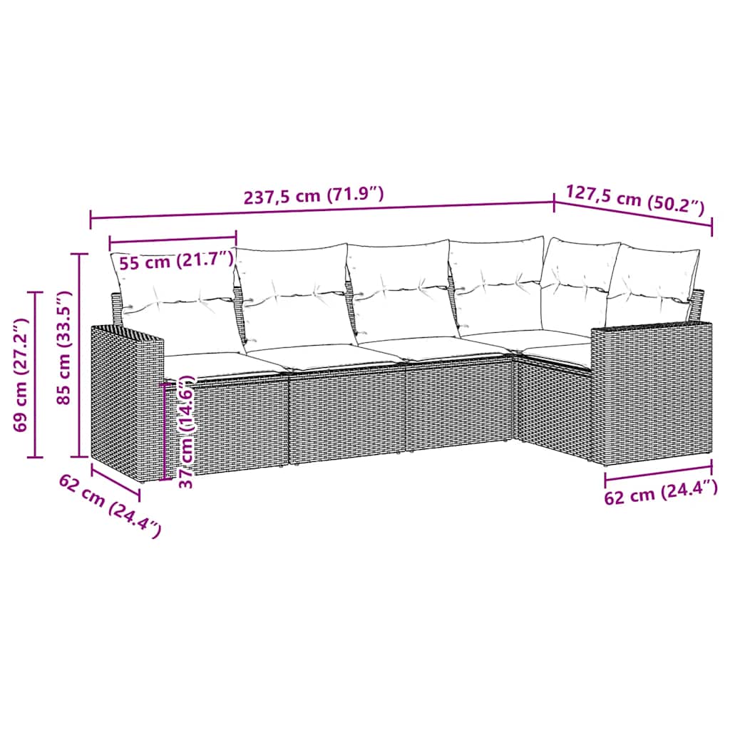 5-dijelni set vrtnih sofa s jastucima poliratan smeđi