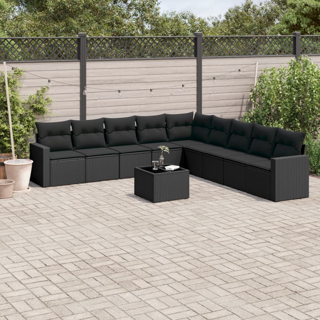10-dijelni set vrtnih sofa s jastucima crni od poliratana Crna 65.5 x 62 x 69 cm