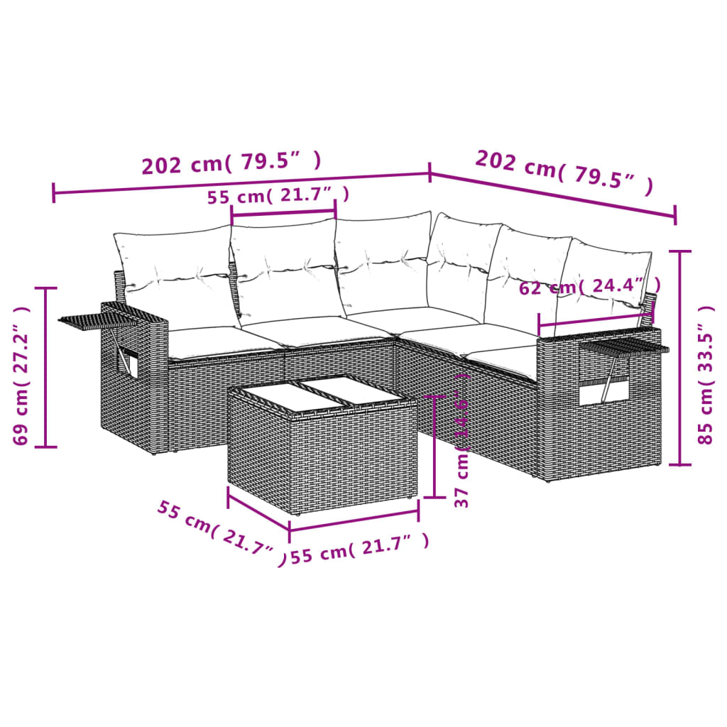 6-dijelni set vrtnih sofa od poliratana s jastucima sivi
